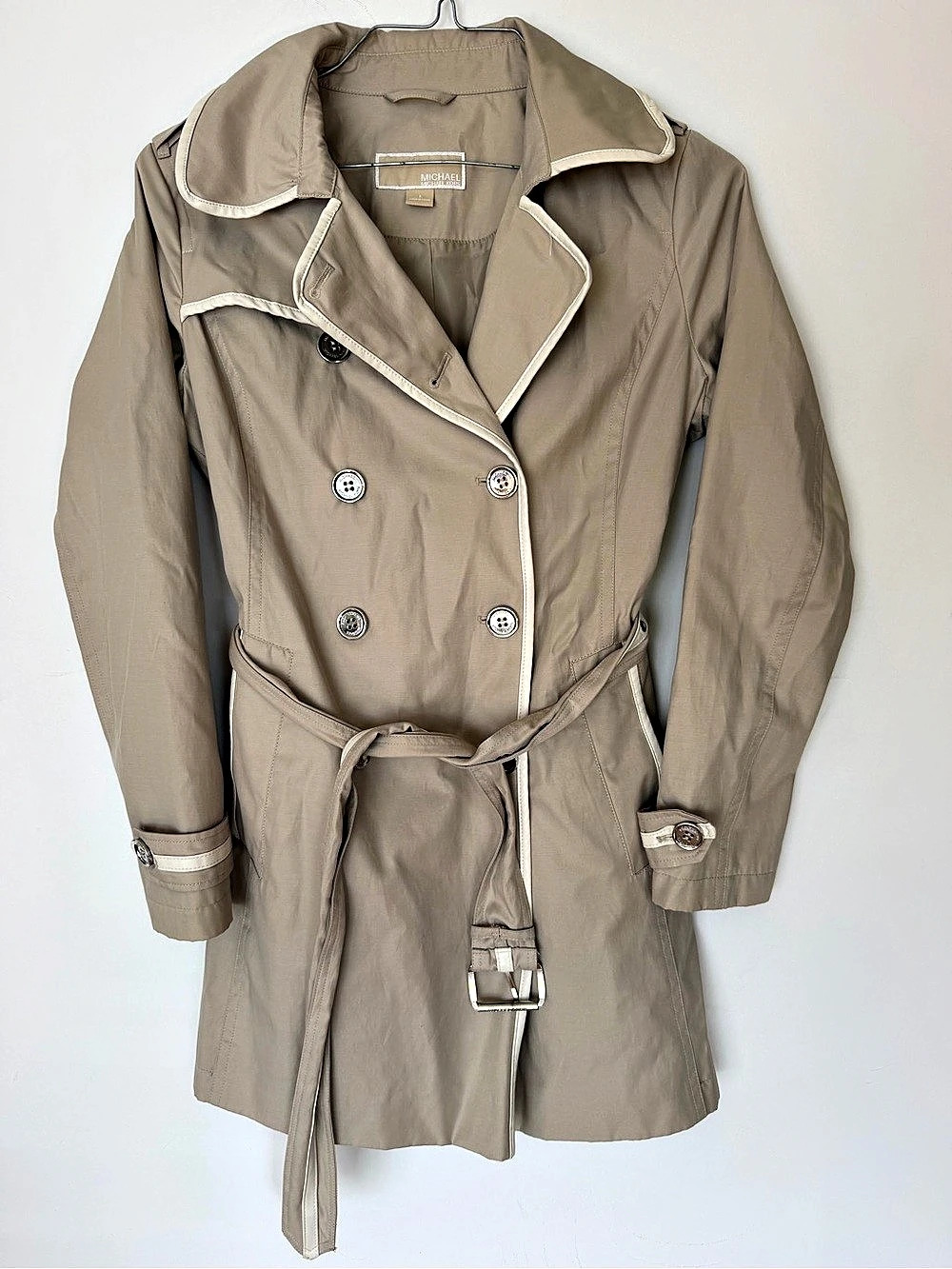 MICHAEL Michael Kors Womens S Beige Trench Coat Belted Contrast Trim Jacket 064